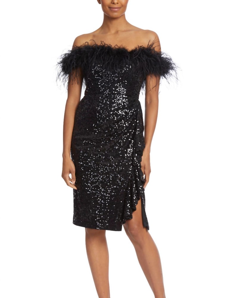 Front of a model wearing a size 10 Feather Sequin Strapless Dress In Black in Black by Badgley Mischka. | dia_product_style_image_id:346382